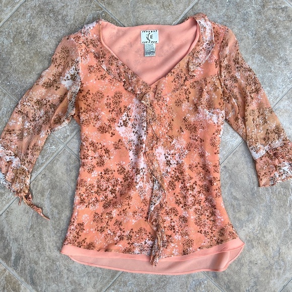 Y2K i e Orange Floral Silk Tunic Fairy Feminine Chiffon Ruffle Top Medium - Picture 9 of 13